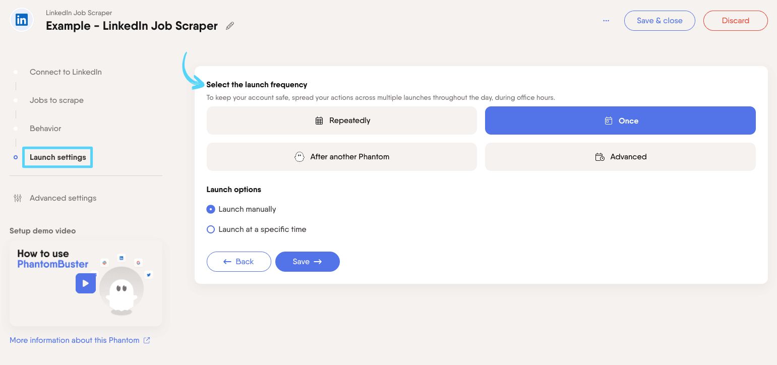 PhantomBuster LinkedIn Job Scraper step 4 selecting launch frequency