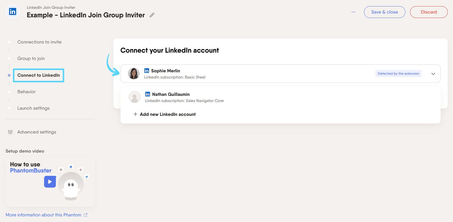 PhantomBuster LinkedIn Join Group Inviter step 3 connecting your LinkedIn account