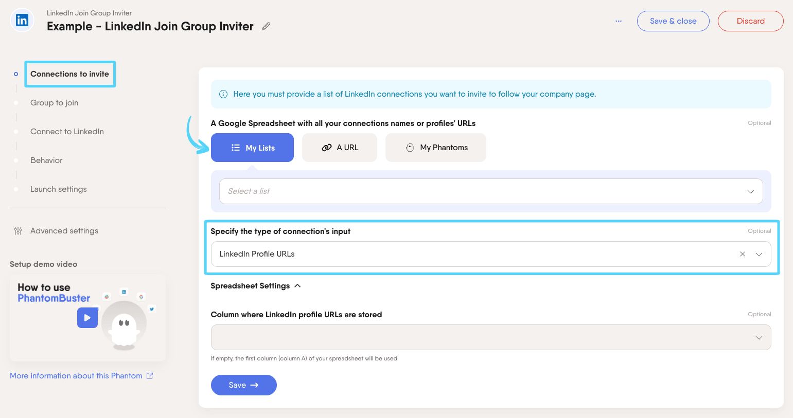 PhantomBuster LinkedIn Join Group Inviter step 1 providing your connections list