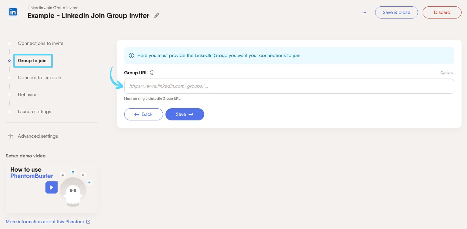 PhantomBuster LinkedIn Join Group Inviter step 2 providing the LinkedIn group URL