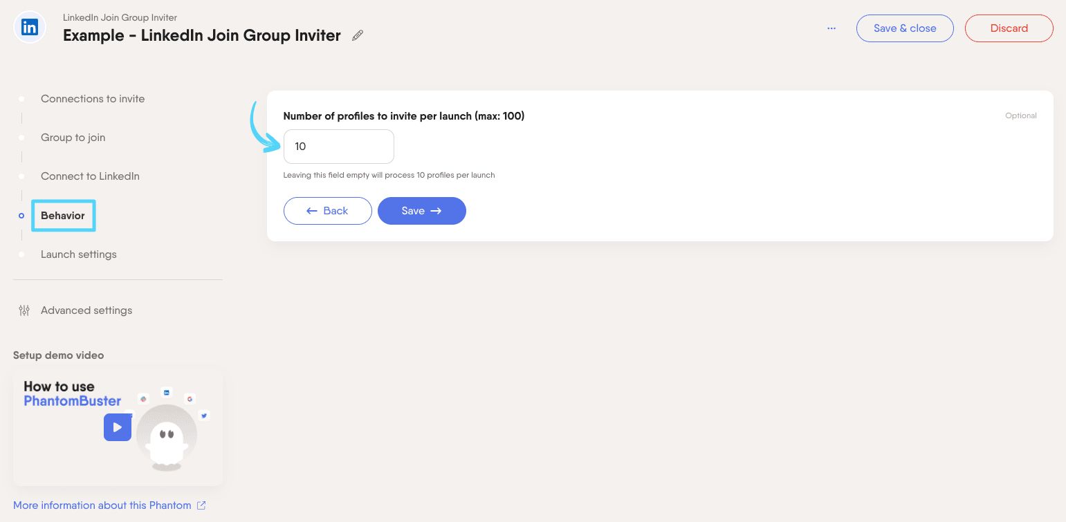 PhantomBuster LinkedIn Join Group Inviter step 4 configuring how many invitations to send