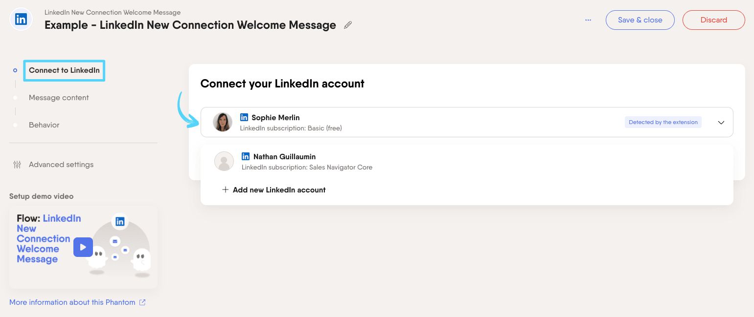 PhantomBuster LinkedIn New Connection Welcome Message step 1 connecting your LinkedIn account