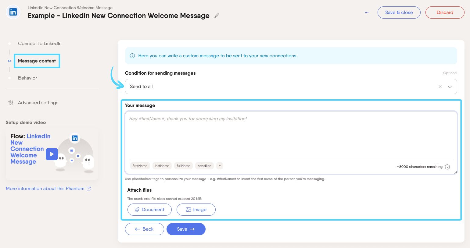 PhantomBuster LinkedIn New Connection Welcome Message step 2 writing and customizing your welcome message
