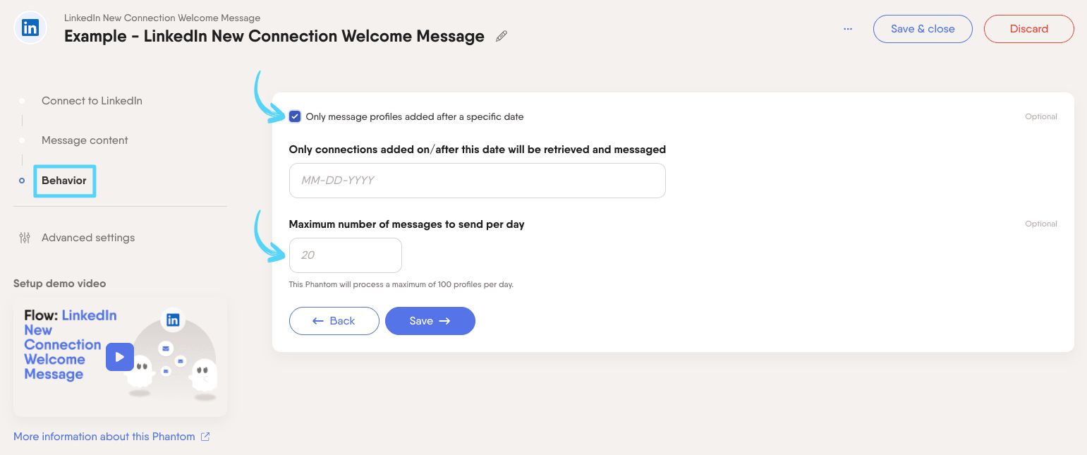 PhantomBuster LinkedIn New Connection Welcome Message step 3 filtering by date and setting a daily cap