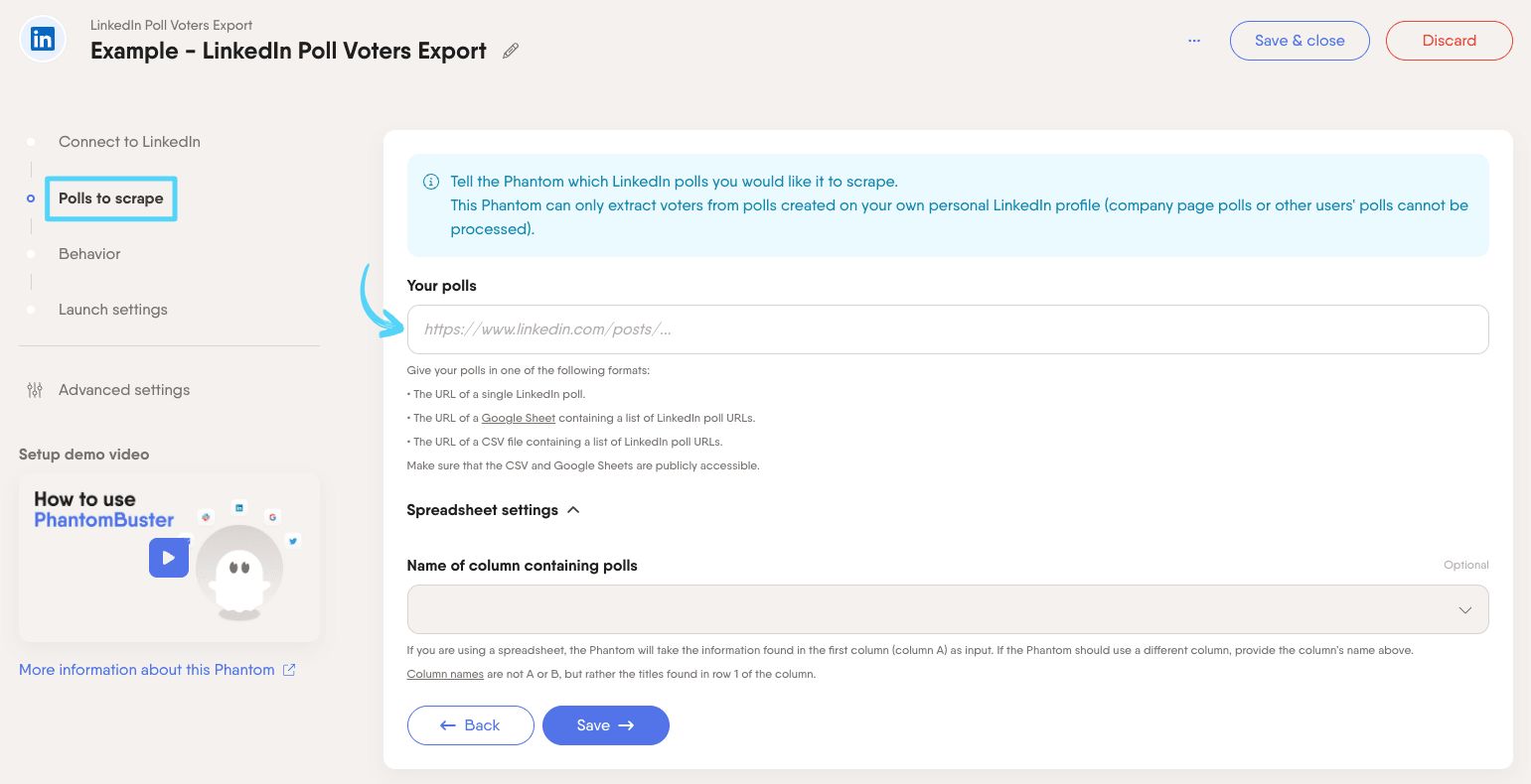 PhantomBuster LinkedIn Poll Voters Export step 2 providing your LinkedIn poll URLs