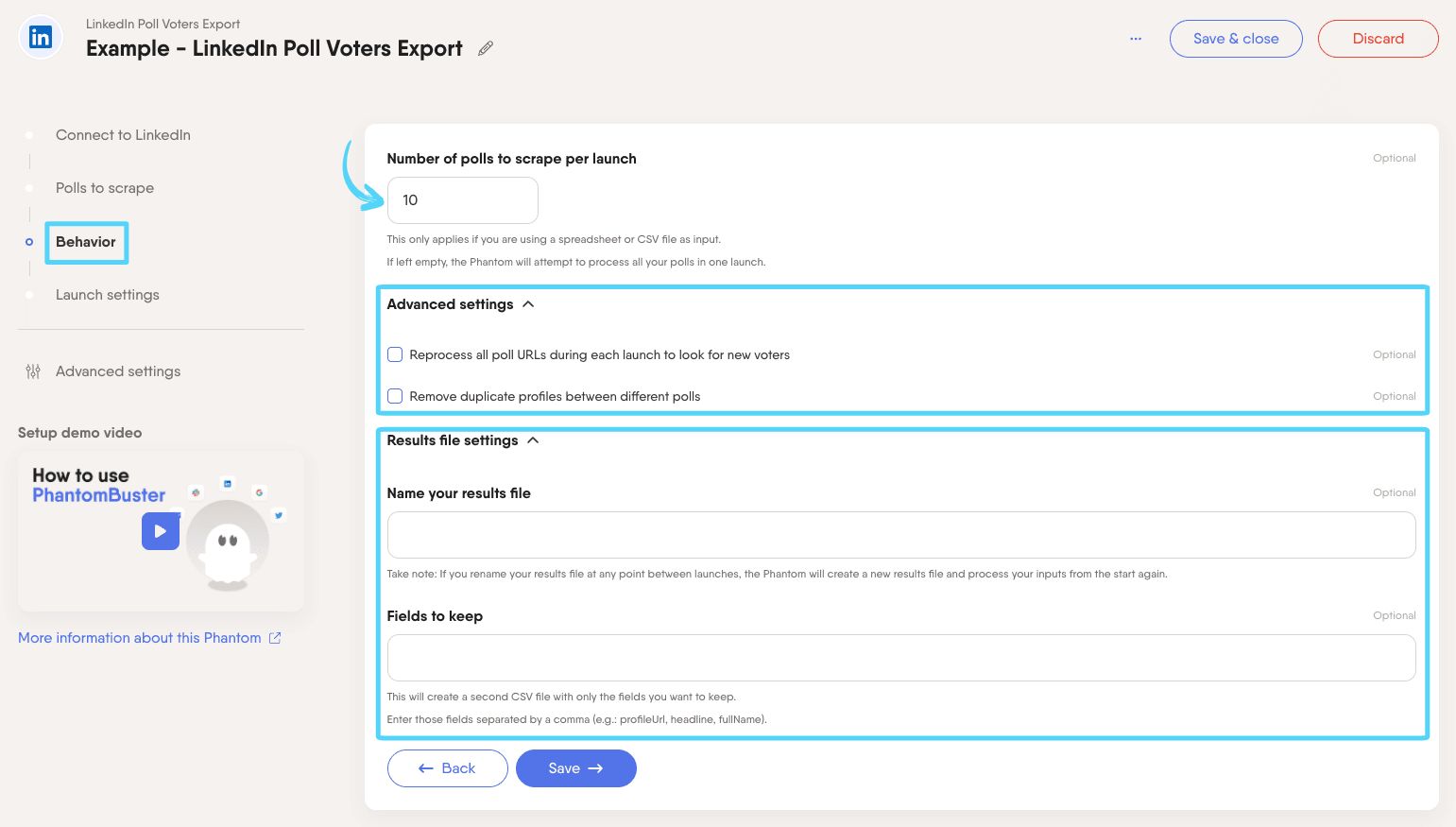 PhantomBuster LinkedIn Poll Voters Export step 3 configuring poll and voter processing settings