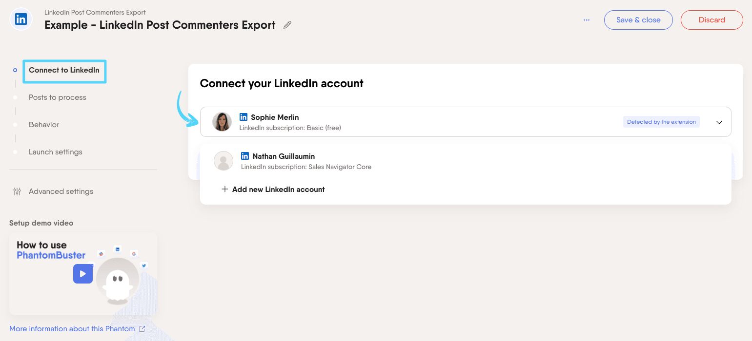 PhantomBuster LinkedIn Post Commenters Export step 1 connecting your LinkedIn account