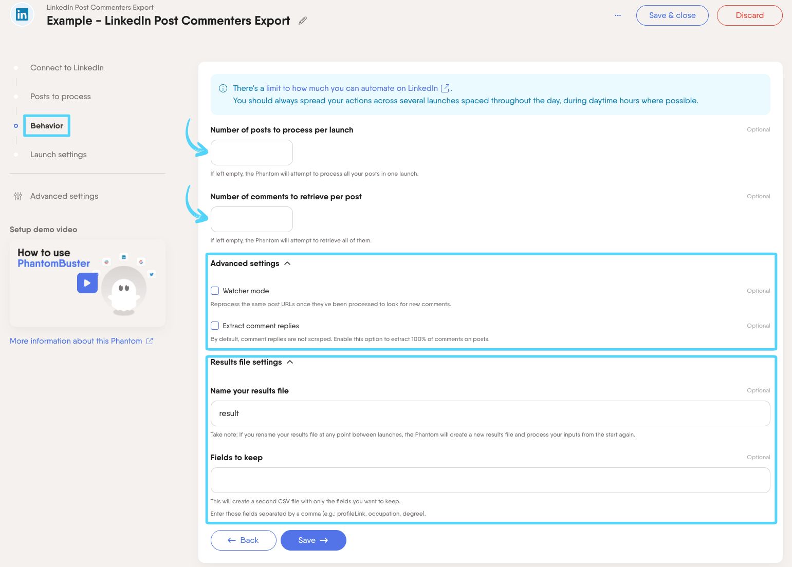 PhantomBuster LinkedIn Post Commenters Export step 3 controlling how many posts and comments are processed