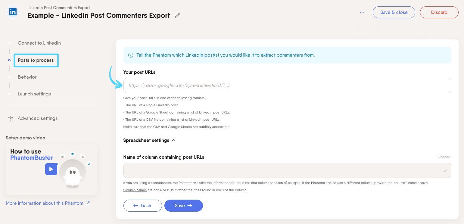 PhantomBuster LinkedIn Post Commenters Export step 2 providing your LinkedIn posts