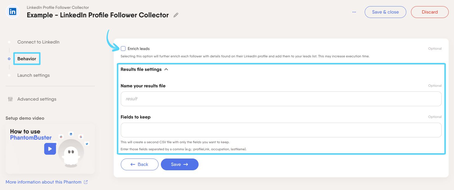 PhantomBuster LinkedIn Profile Follower Collector step 2 configuring follower extraction