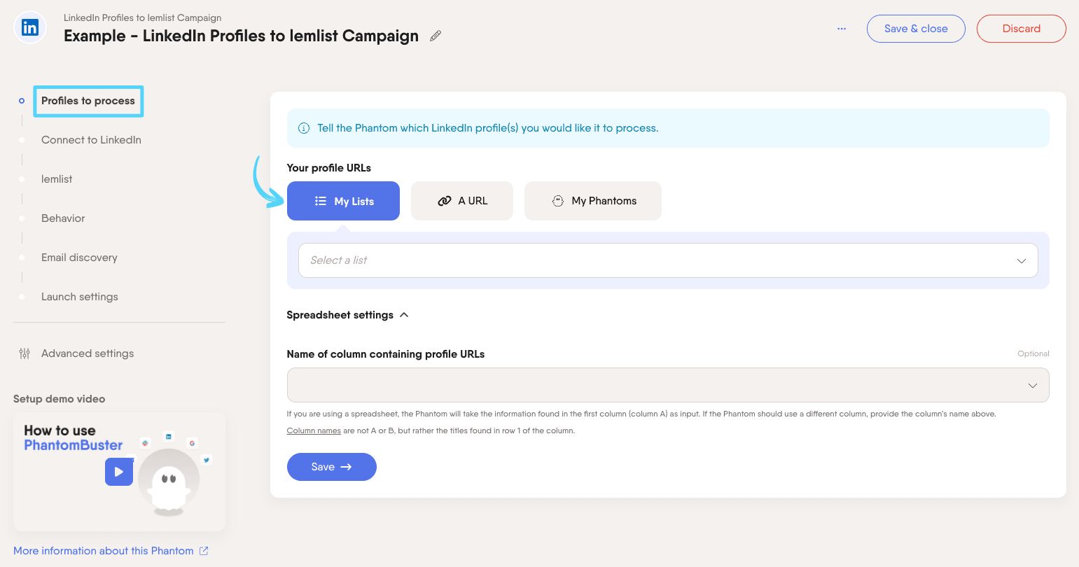 PhantomBuster LinkedIn Profiles to lemlist Campaign step 1 providing the LinkedIn profiles to process