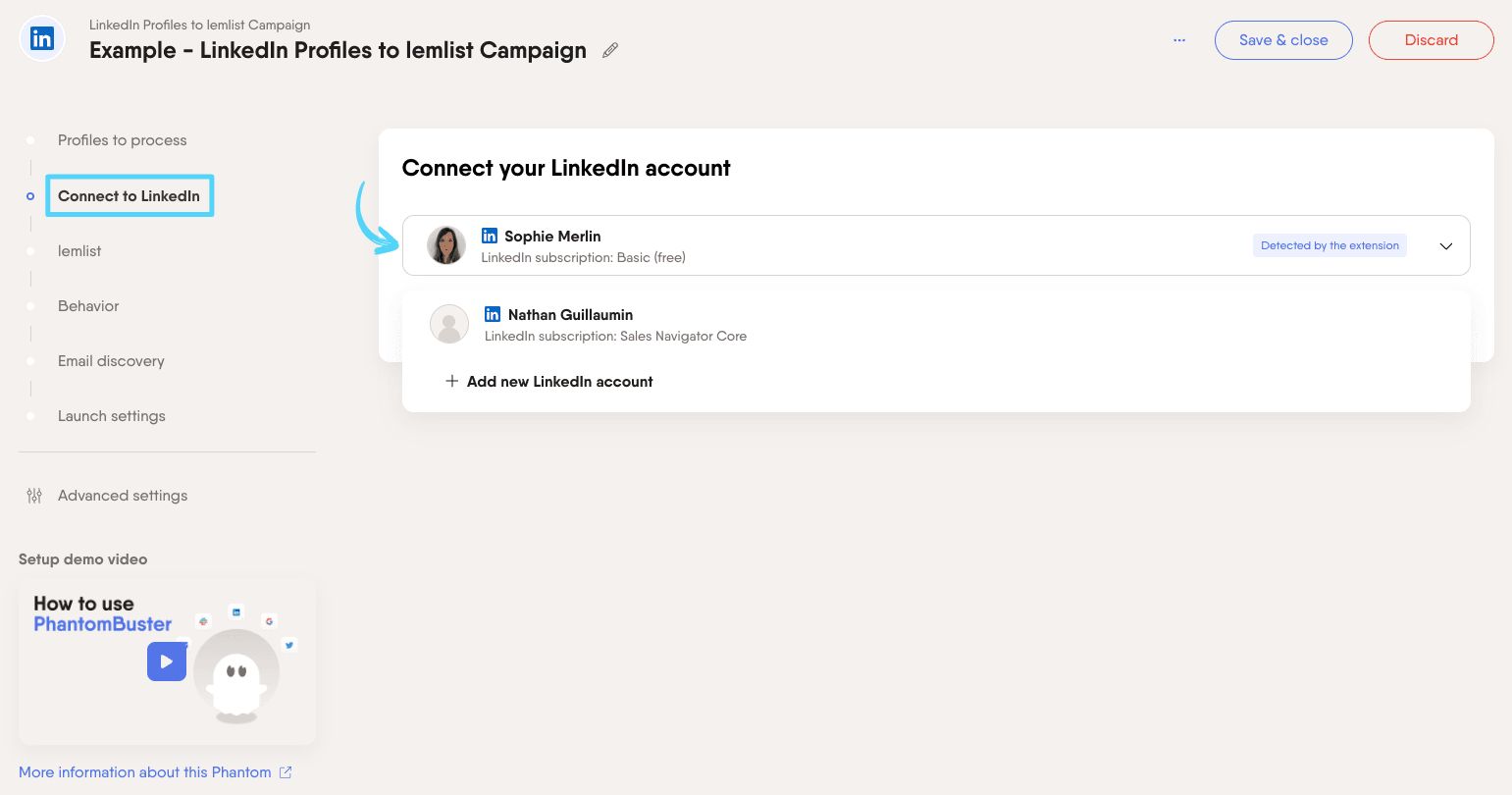 PhantomBuster LinkedIn Profiles to lemlist Campaign step 2 connecting your LinkedIn account