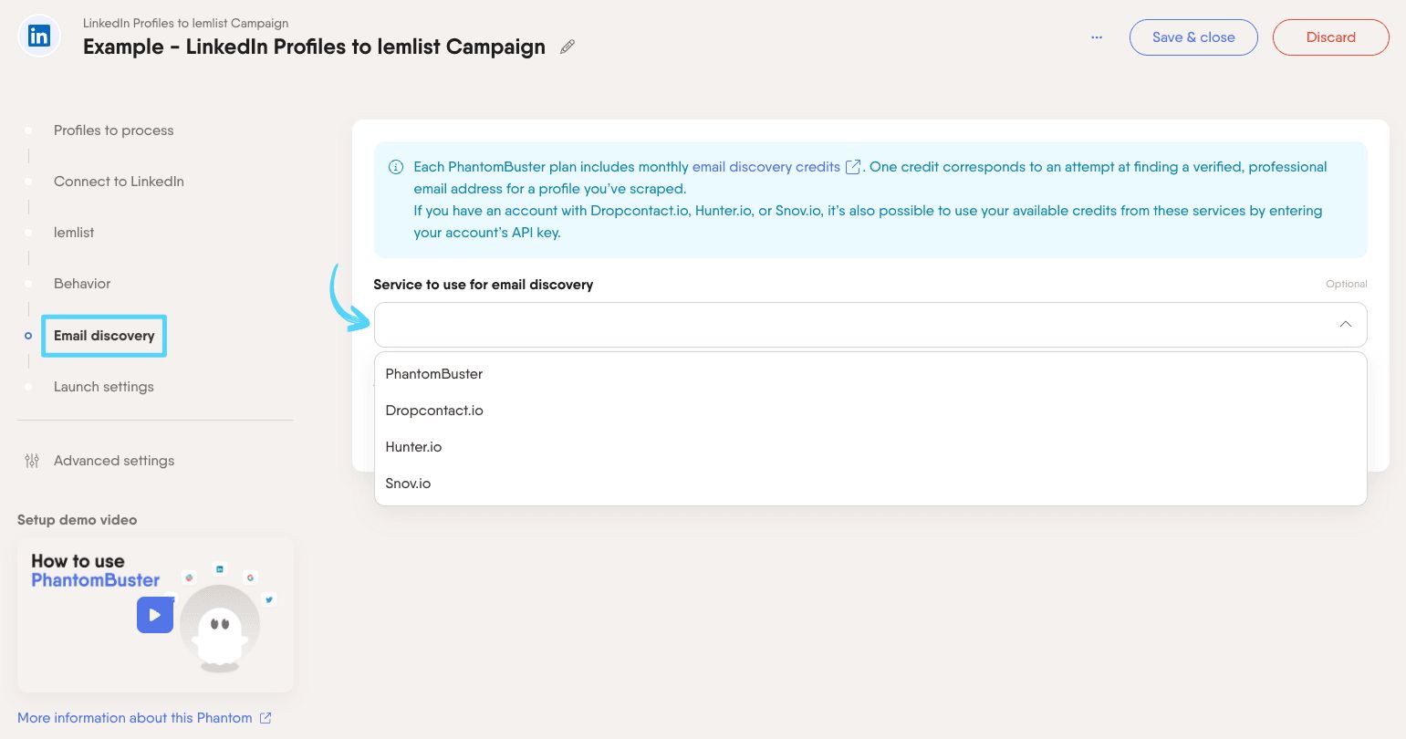 PhantomBuster LinkedIn Profiles to lemlist Campaign step 5 enriching your leads with professional emails