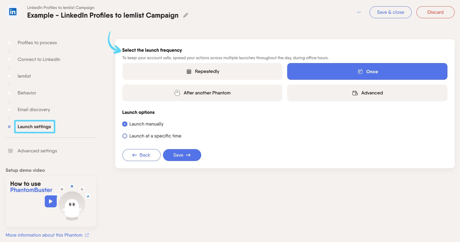 PhantomBuster LinkedIn Profiles to lemlist Campaign step 6 selecting launch frequency