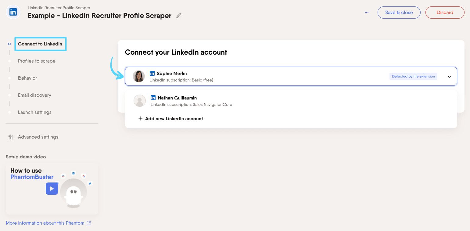 PhantomBuster LinkedIn Recruiter Profile Scraper step 1 connecting your LinkedIn account