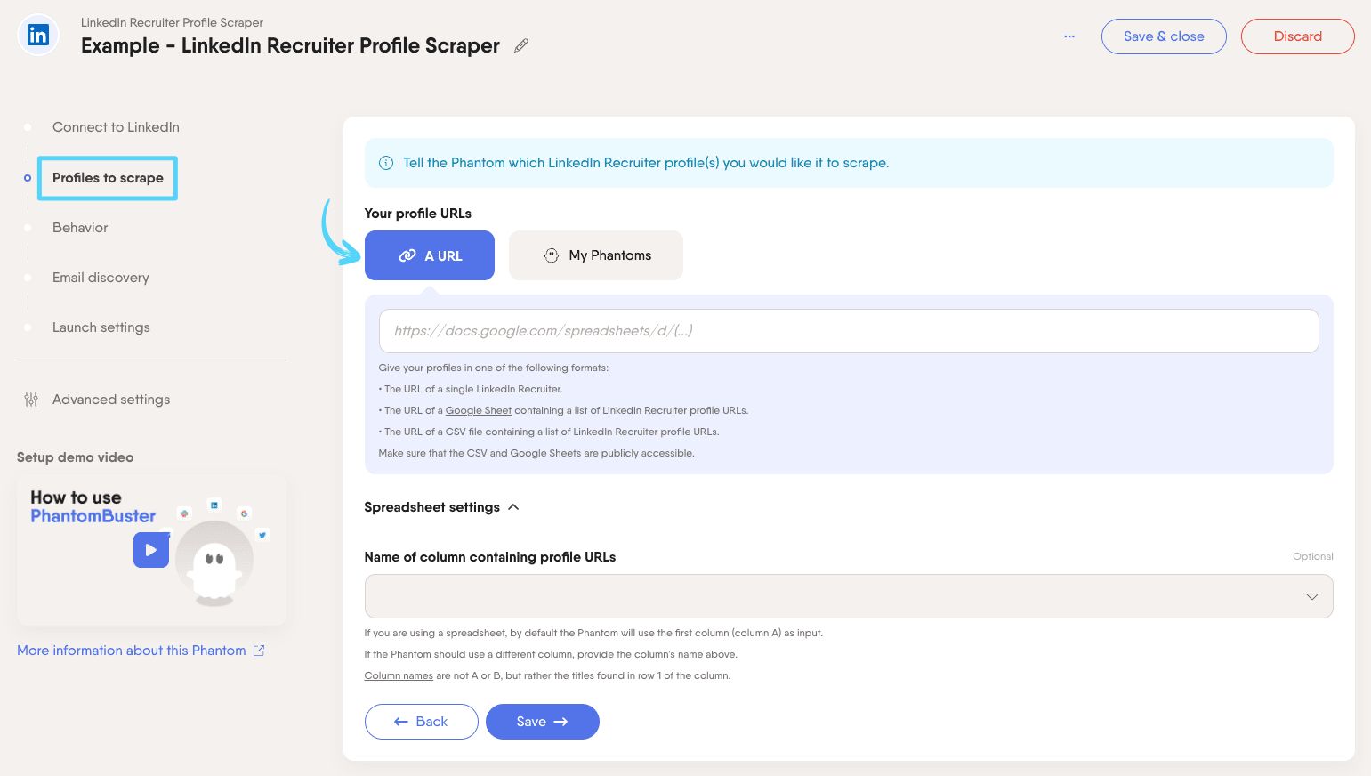 PhantomBuster LinkedIn Recruiter Profile Scraper step 2 providing the Recruiter profile URLs