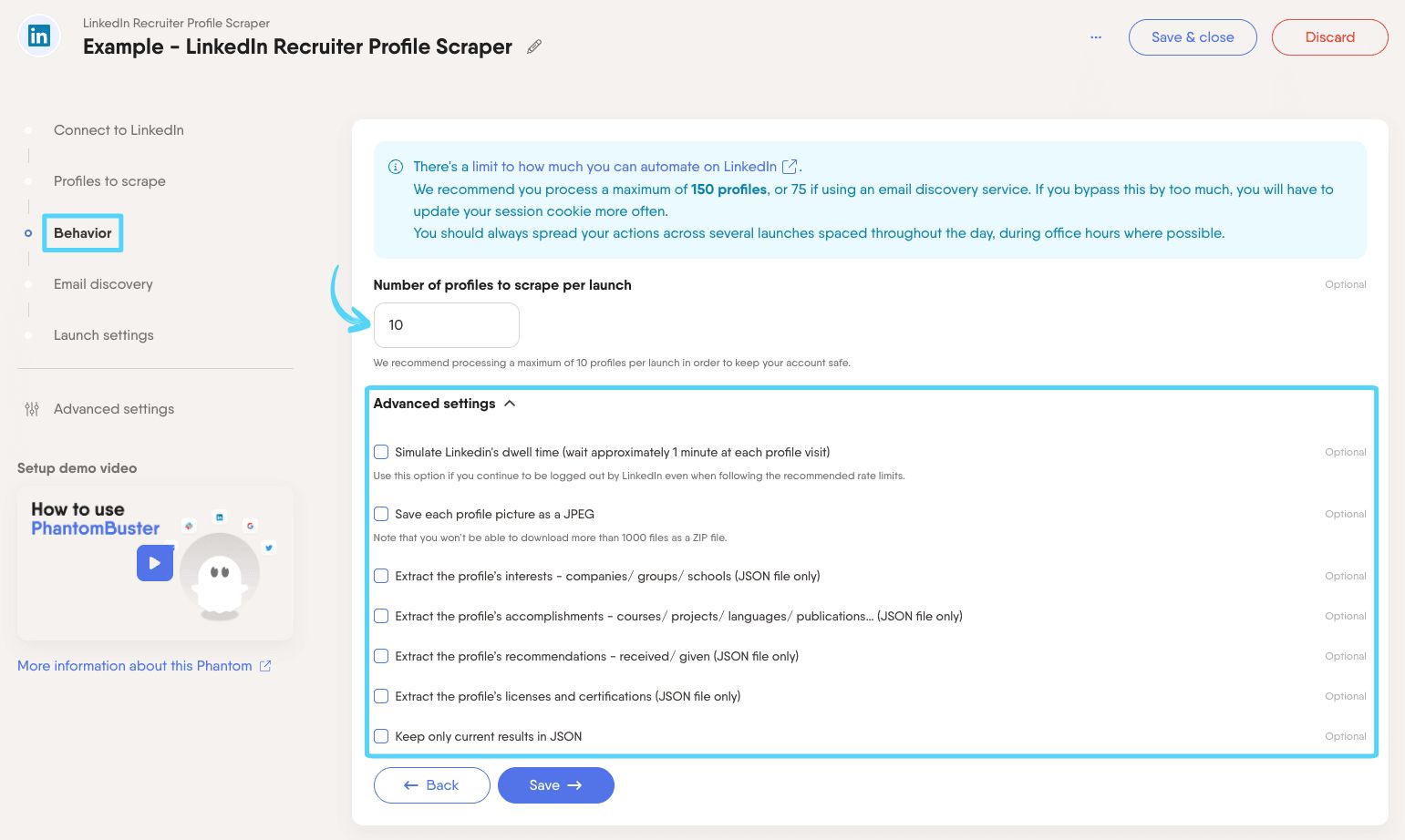 PhantomBuster LinkedIn Recruiter Profile Scraper step 3 choosing how many profiles to scrape per launch
