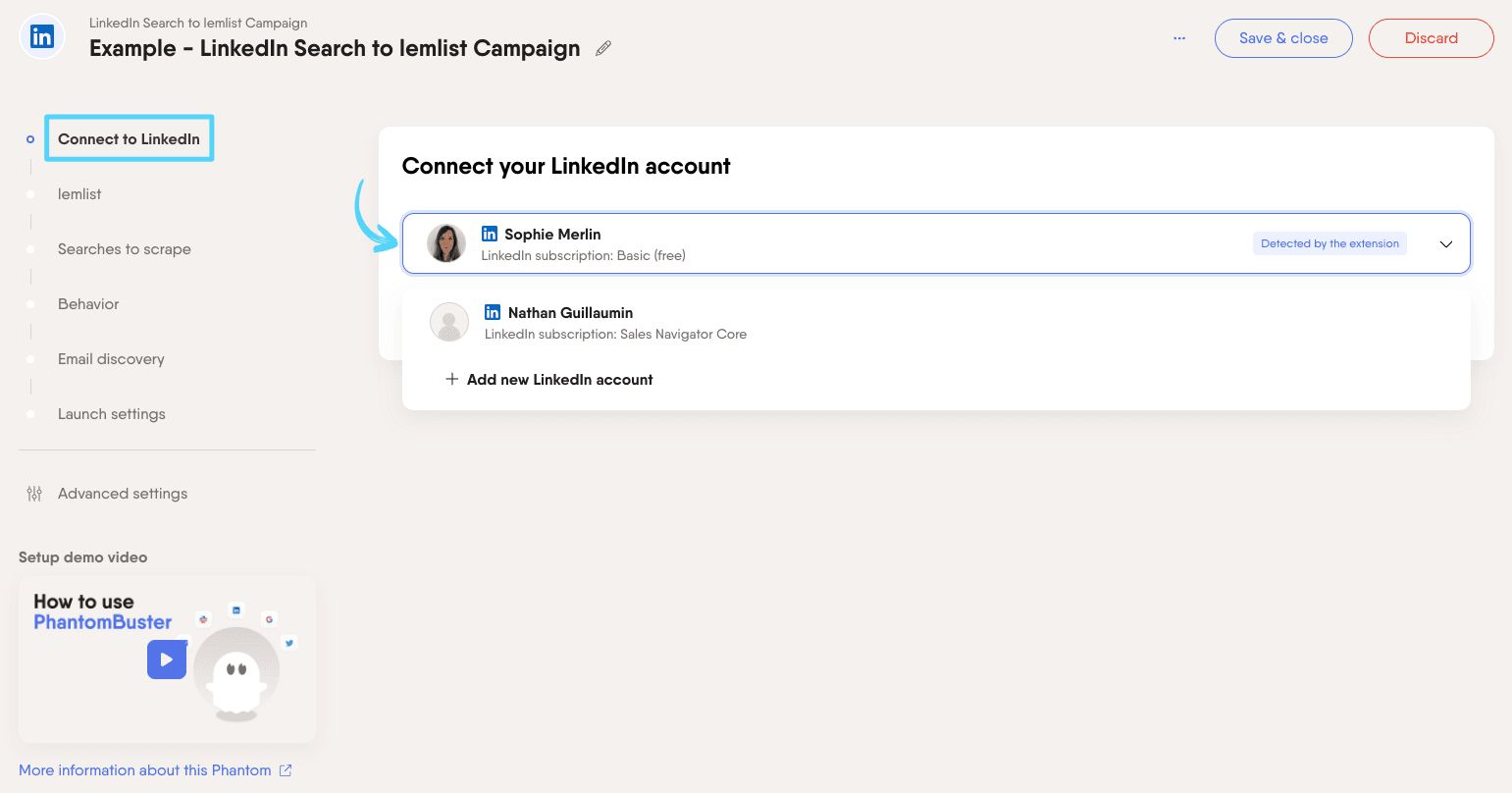 PhantomBuster LinkedIn Search to lemlist Campaign step 1 connecting your LinkedIn account