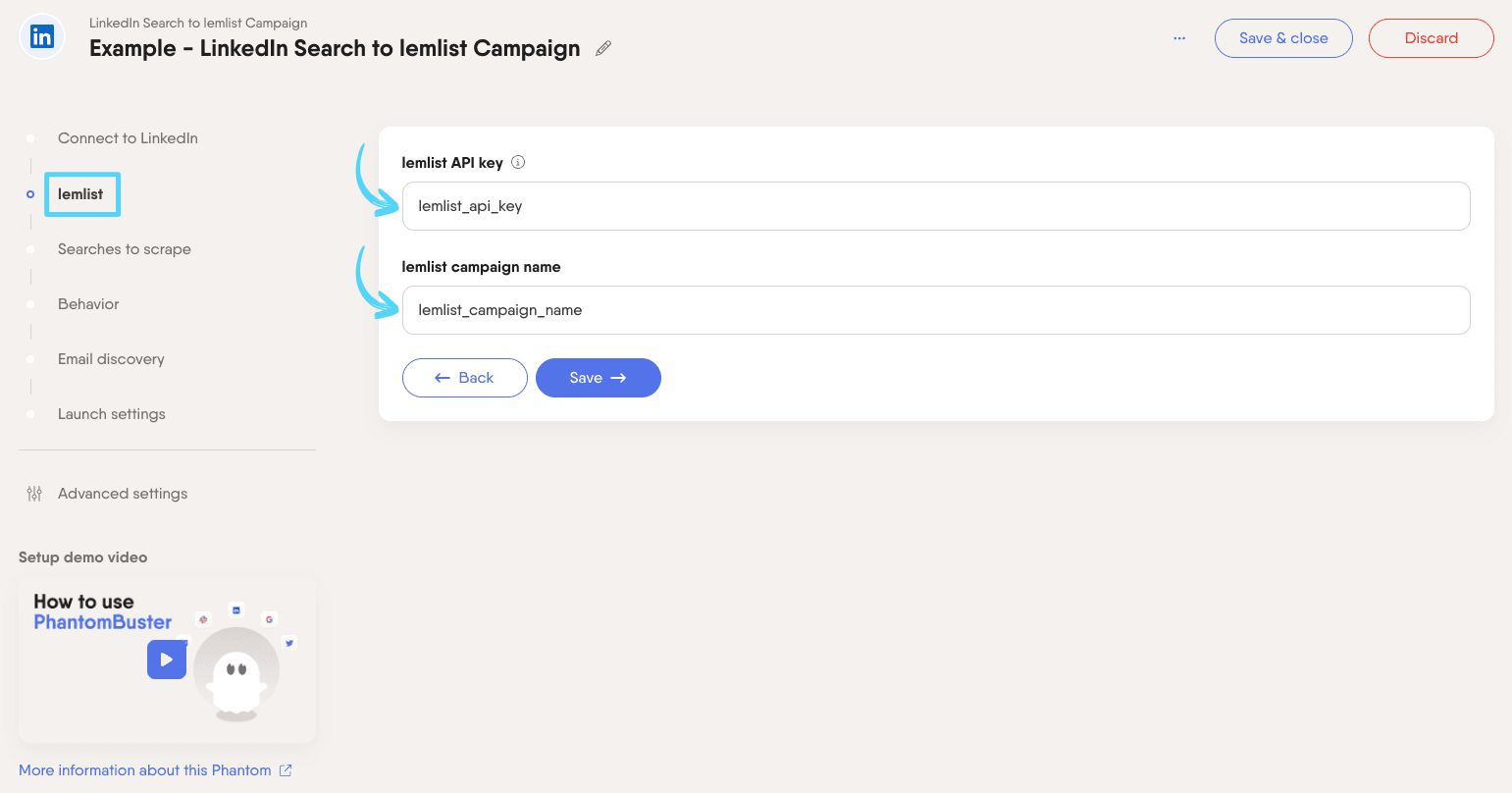 PhantomBuster LinkedIn Search to lemlist Campaign step 2 connecting your lemlist account
