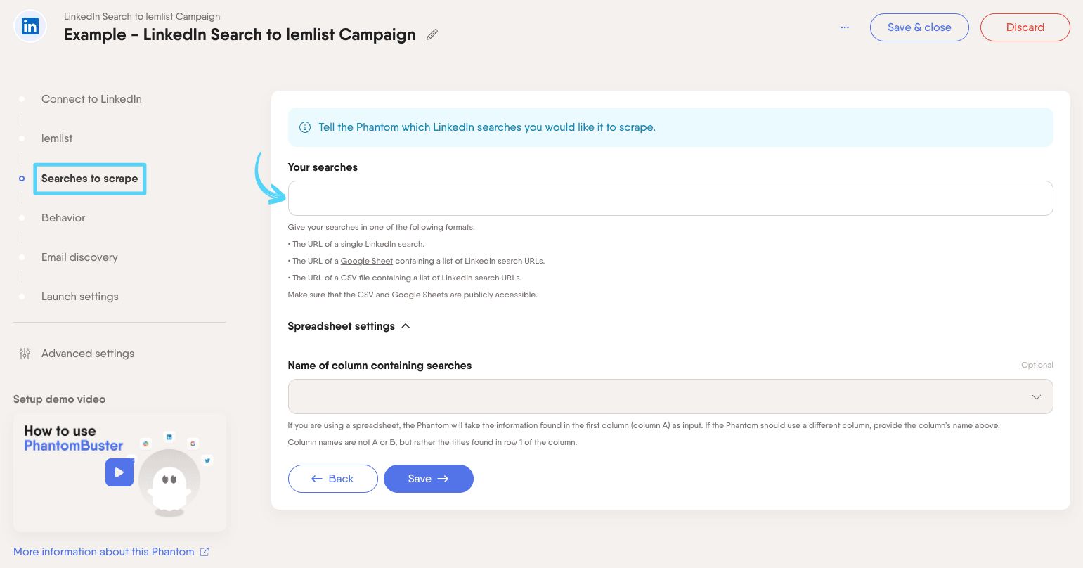 PhantomBuster LinkedIn Search to lemlist Campaign step 3 providing your LinkedIn search URLs