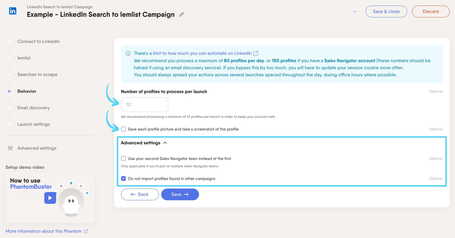PhantomBuster LinkedIn Search to lemlist Campaign step 4 choosing how many profiles to process per launch
