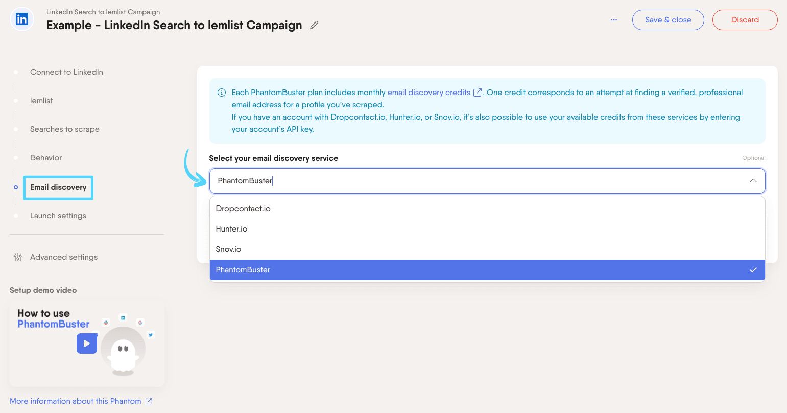 PhantomBuster LinkedIn Search to lemlist Campaign step 5 enriching your leads with professional emails