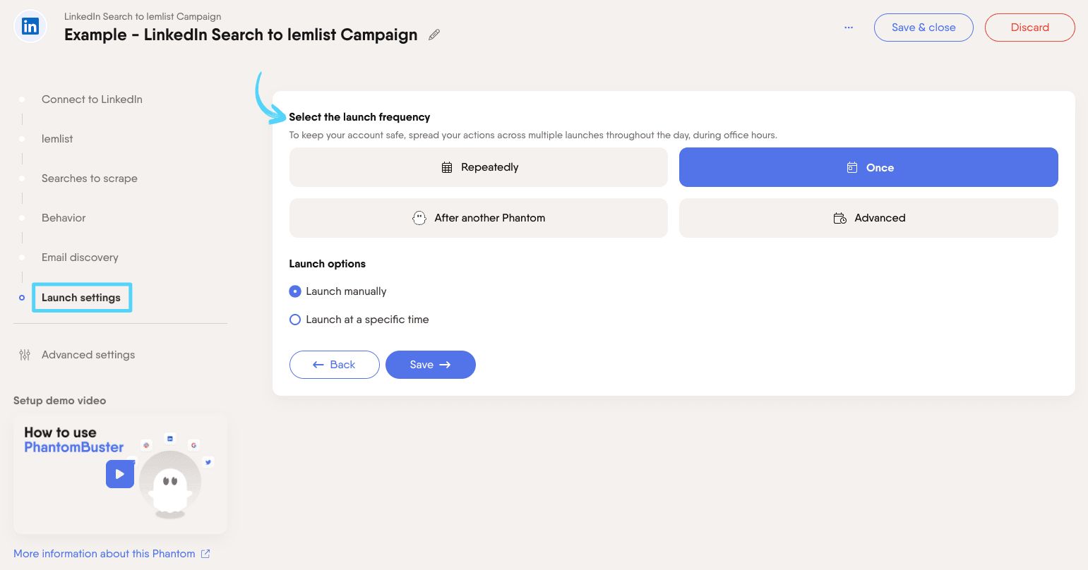 PhantomBuster LinkedIn Search to lemlist Campaign step 6 selecting launch frequency