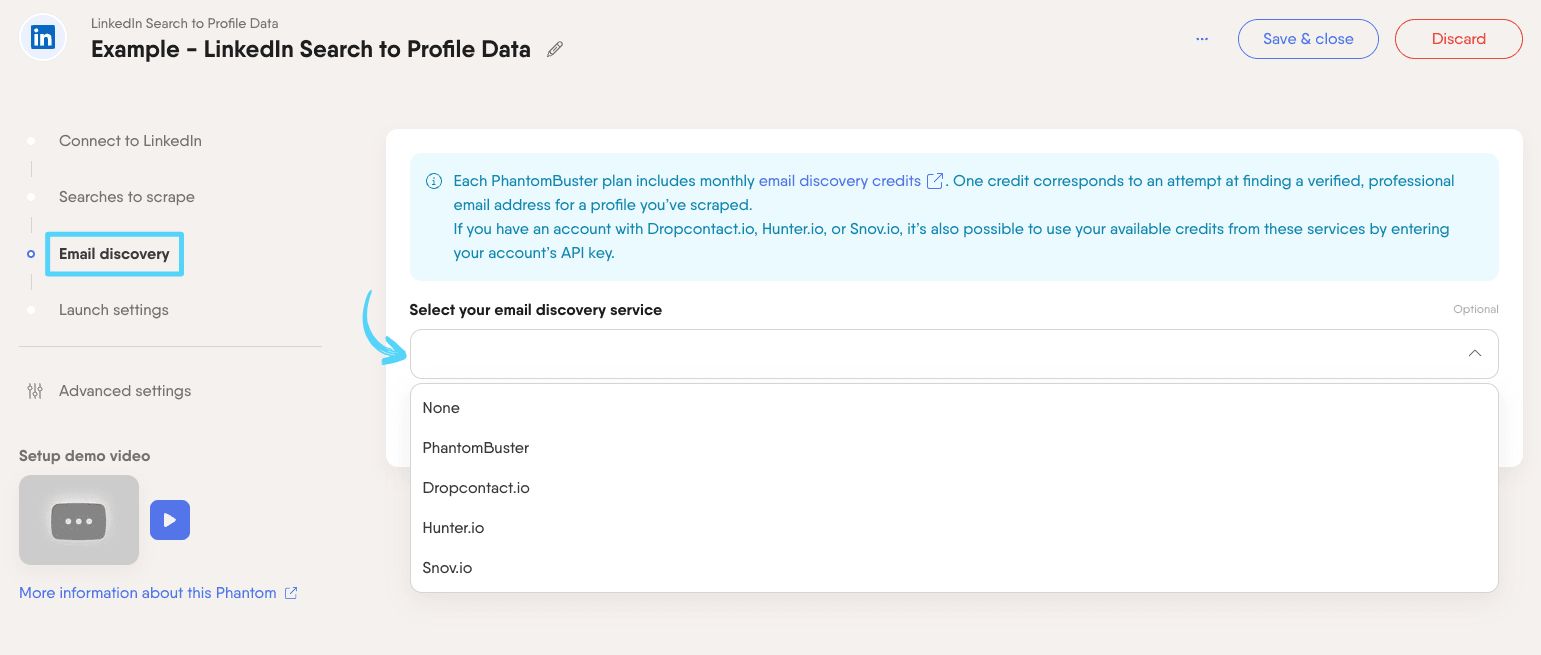 PhantomBuster LinkedIn Search to Profile Data step 3 enriching your leads with professional emails