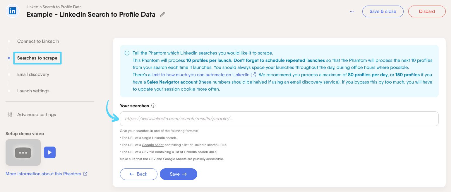 PhantomBuster LinkedIn Search to Profile Data step 2 providing your LinkedIn search URLs