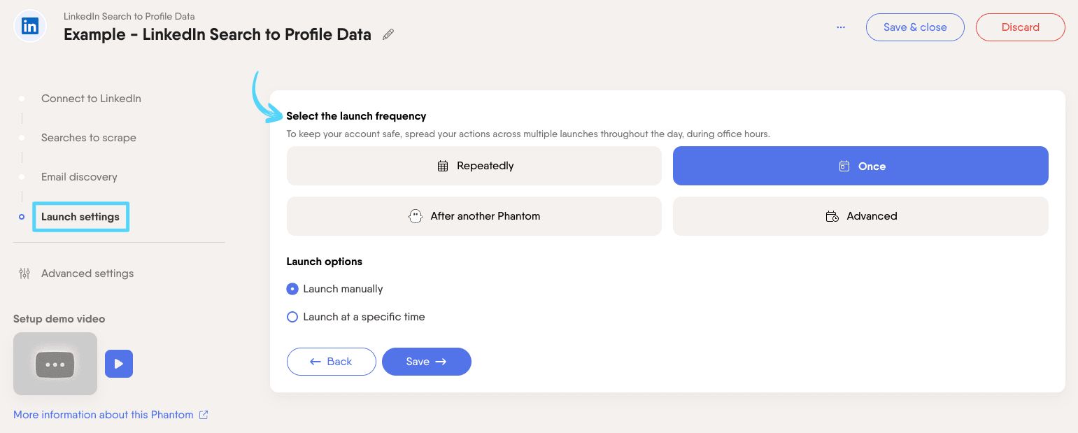 PhantomBuster LinkedIn Search to Profile Data step 4 selecting launch frequency