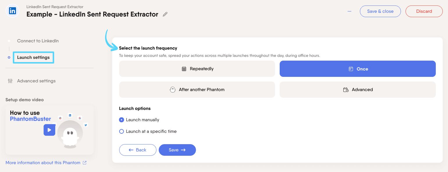 PhantomBuster LinkedIn Sent Request Extractor step 2 selecting launch frequency