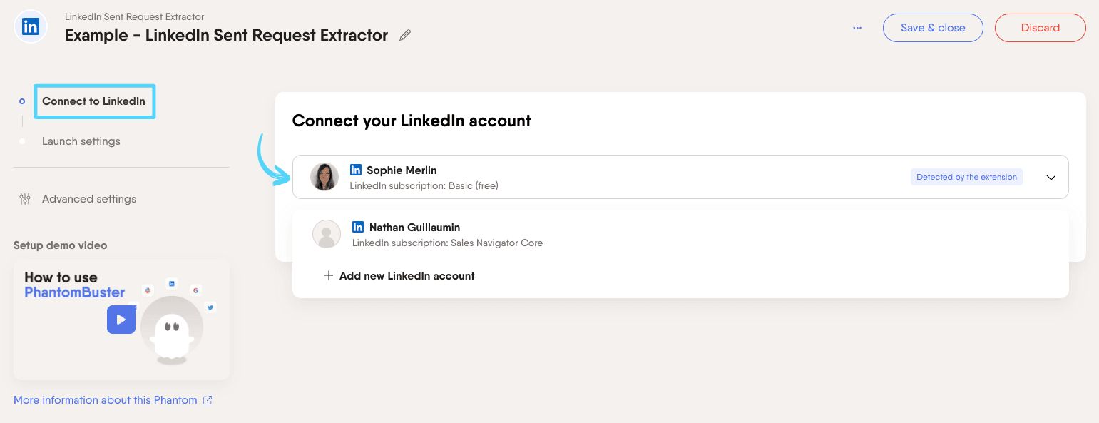 PhantomBuster LinkedIn Sent Request Extractor step 1 connecting your LinkedIn account