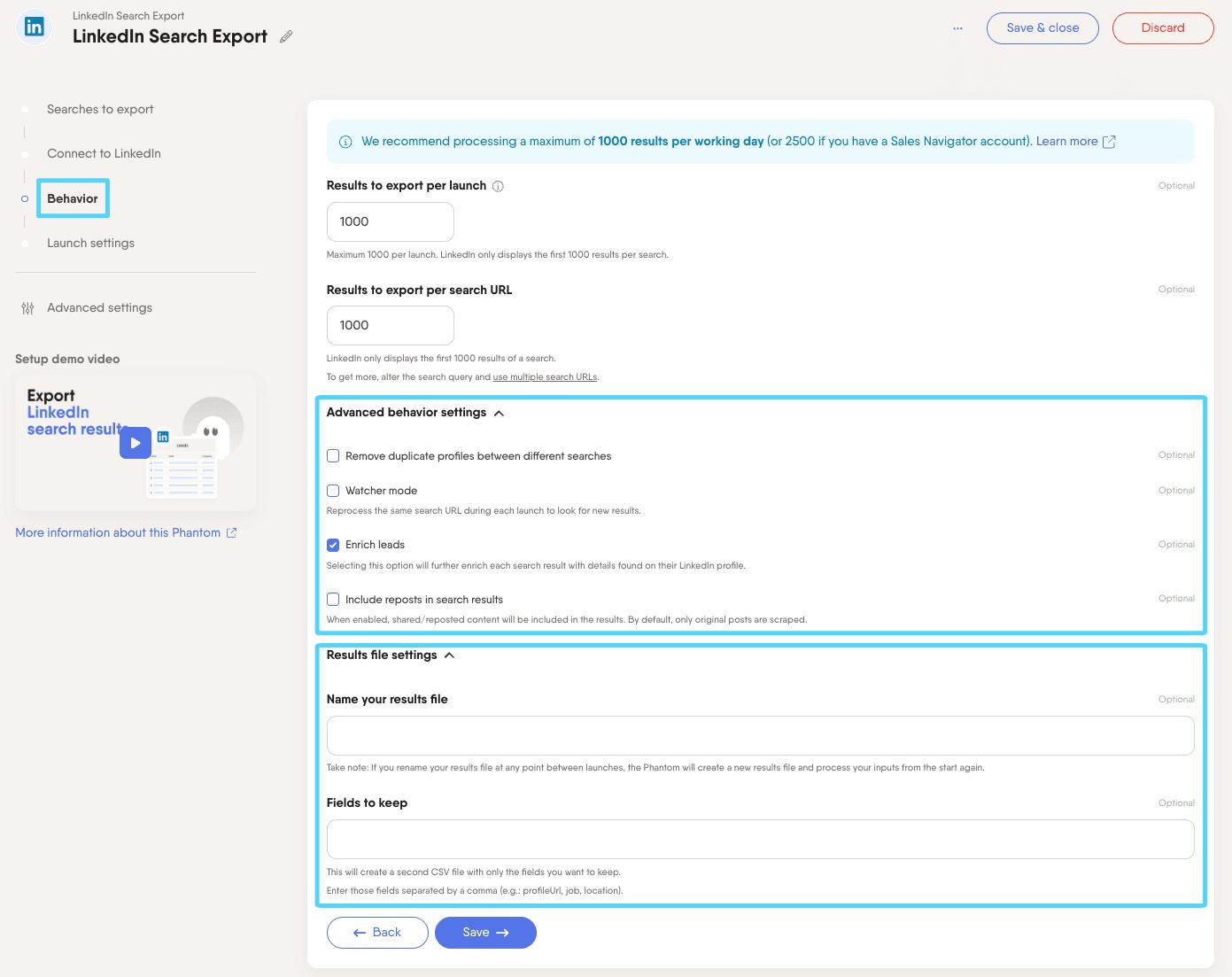 PhantomBuster LinkedIn Search Export step 3 advanced and result file settings