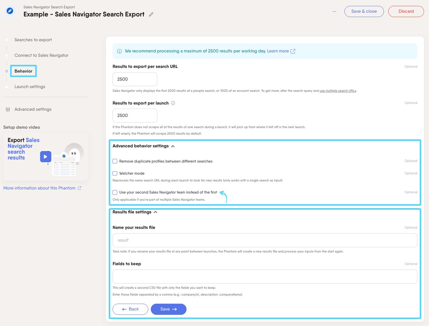 PhantomBuster Sales Navigator Search Export Behavior step showing the second team toggle and Results file settings