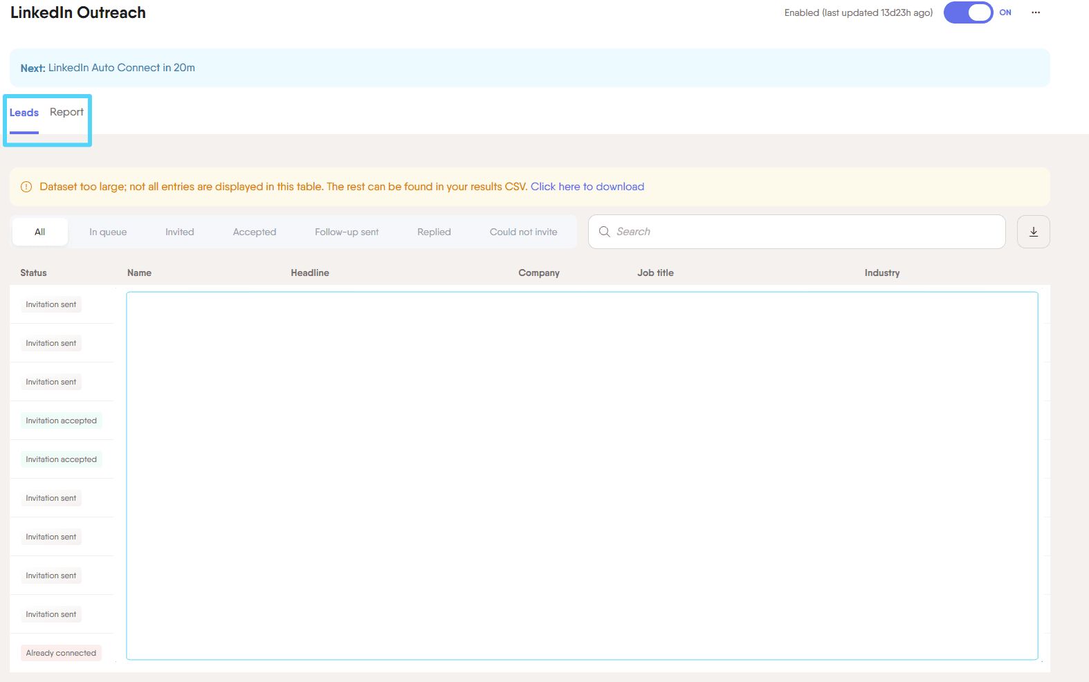 Workflow dashboard showing Leads tab and Report tab for outreach tracking