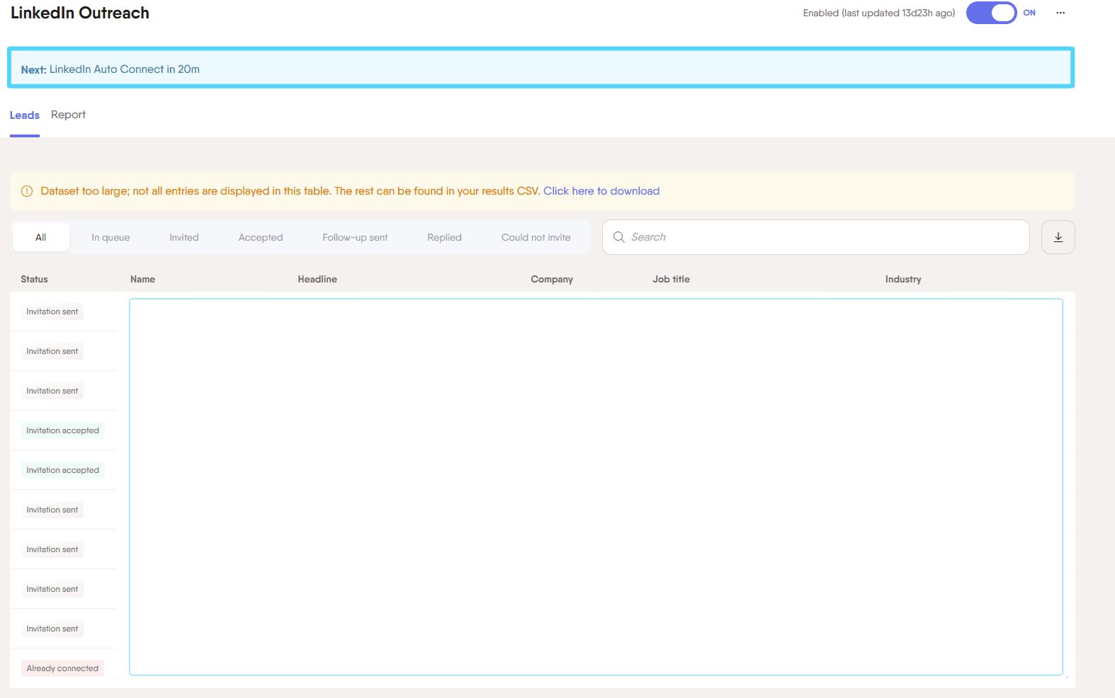 Dashboard banner showing next scheduled Phantom in the outreach sequence