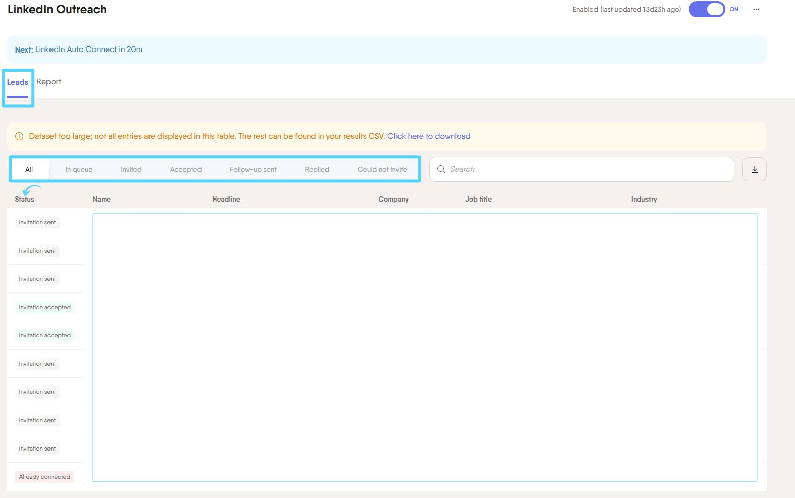 Leads tab displaying profile statuses like Invited, Accepted, and Replied