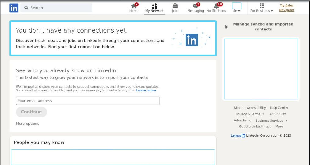 LinkedIn Connections page showing the You don't have any connections yet message
