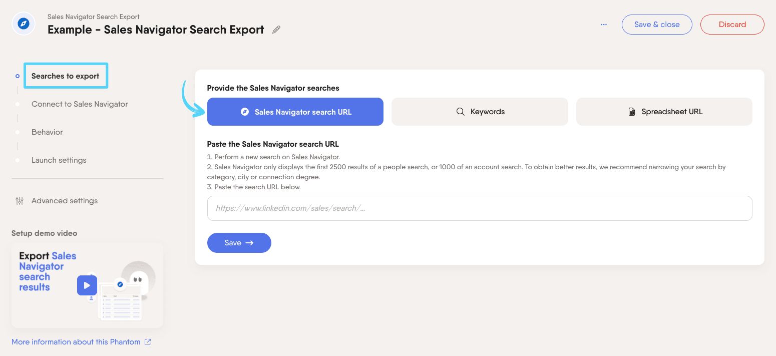 PhantomBuster Sales Navigator Search Export step 1 choosing which Sales Navigator searches to extract