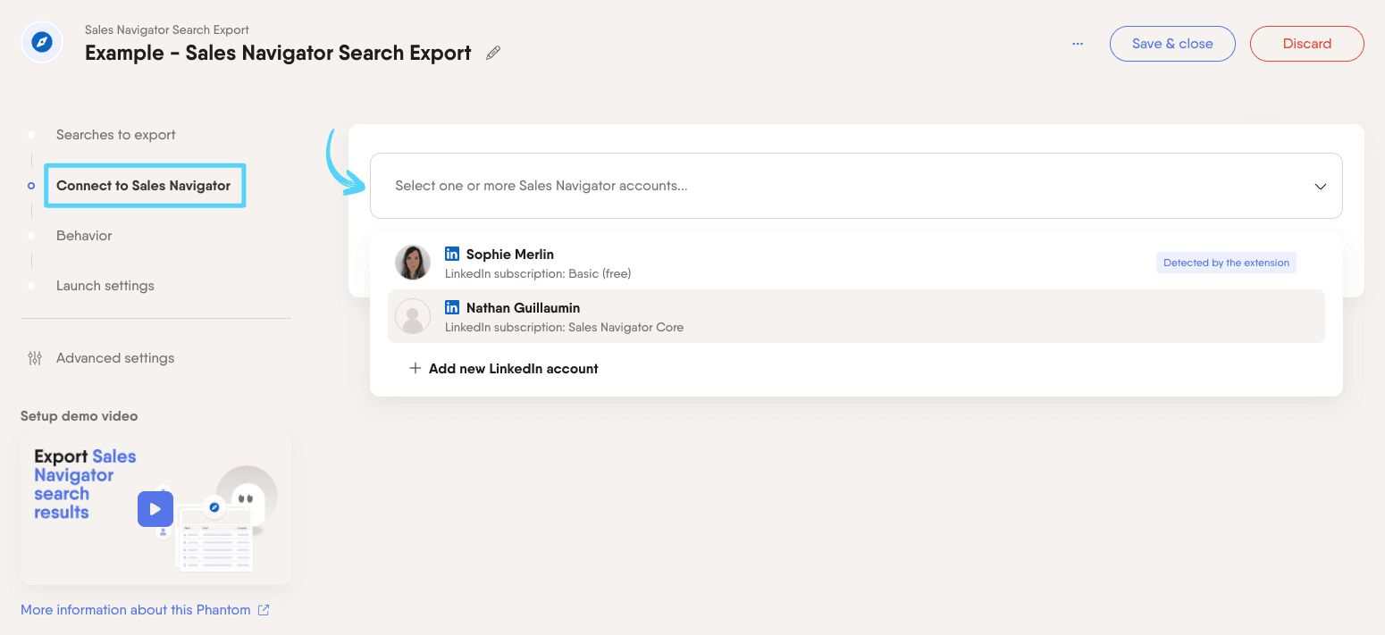 PhantomBuster Sales Navigator Search Export step 2 connecting your Sales Navigator account