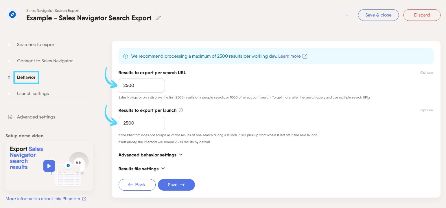 PhantomBuster Sales Navigator Search Export step 3 specifying how many results to extract