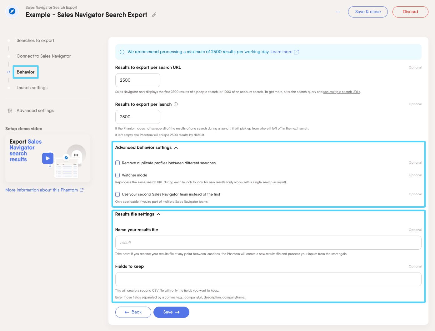 PhantomBuster Sales Navigator Search Export step 3 advanced settings and result file dropdown menus