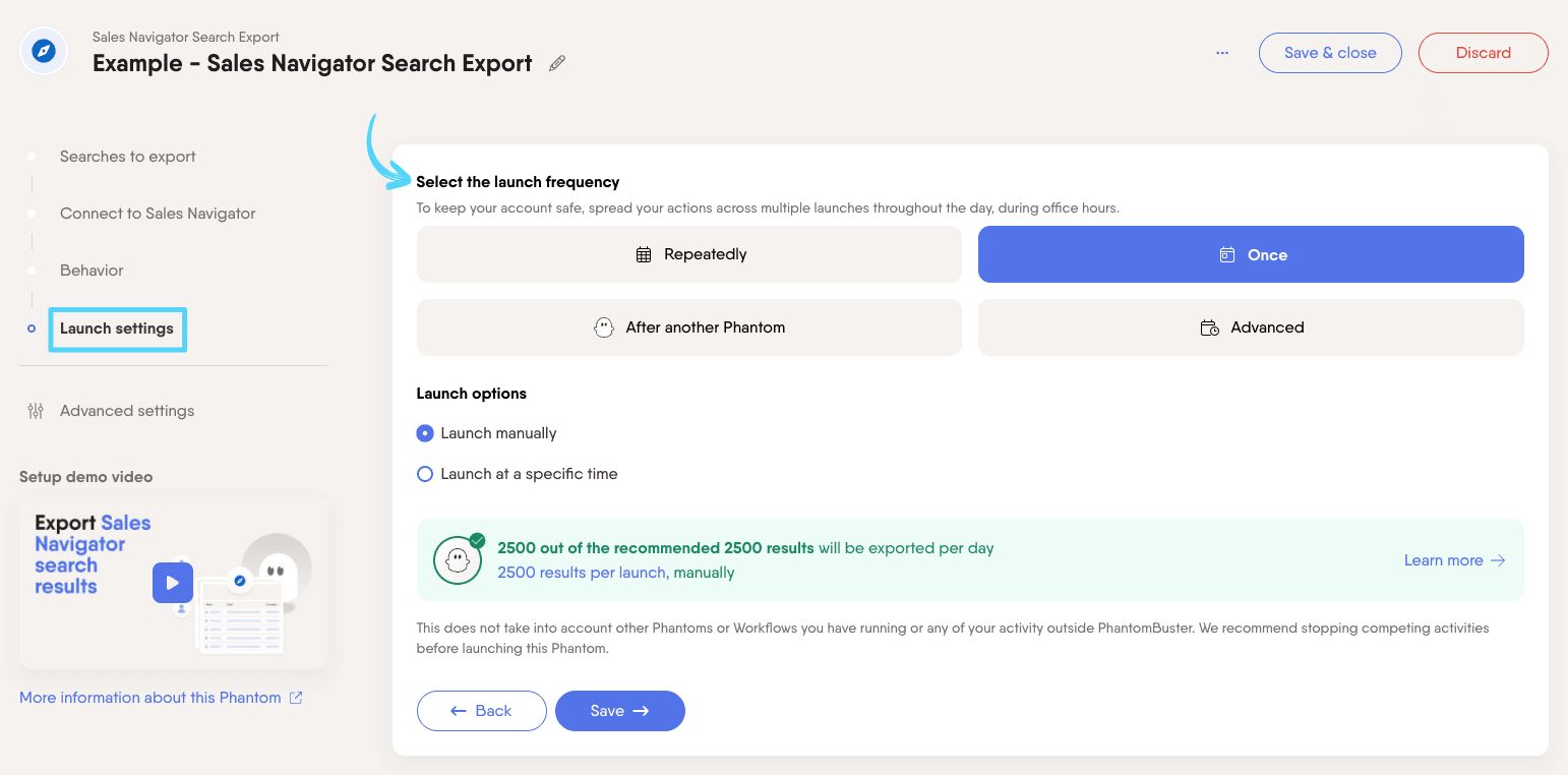 PhantomBuster Sales Navigator Search Export step 4 selecting launch frequency