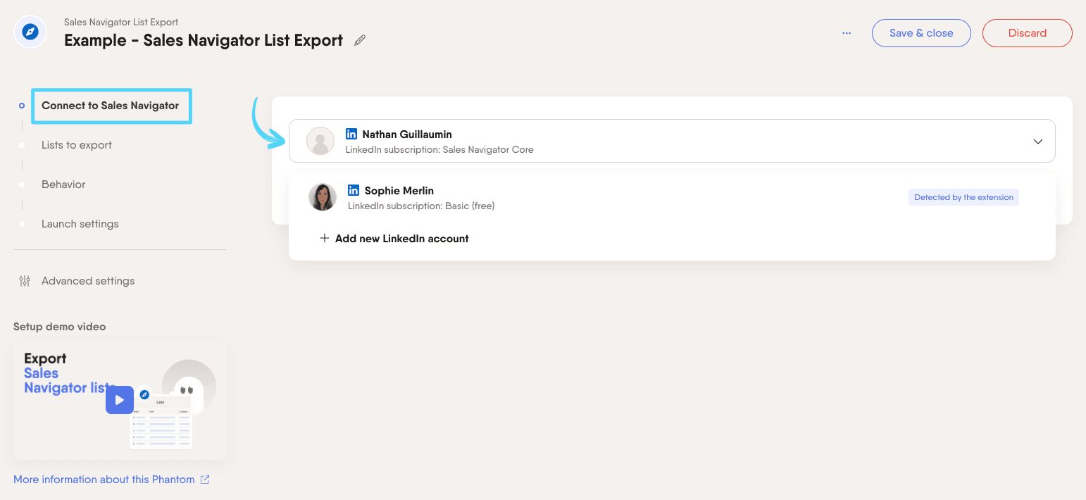 PhantomBuster Sales Navigator List Export step 1 connecting your Sales Navigator account