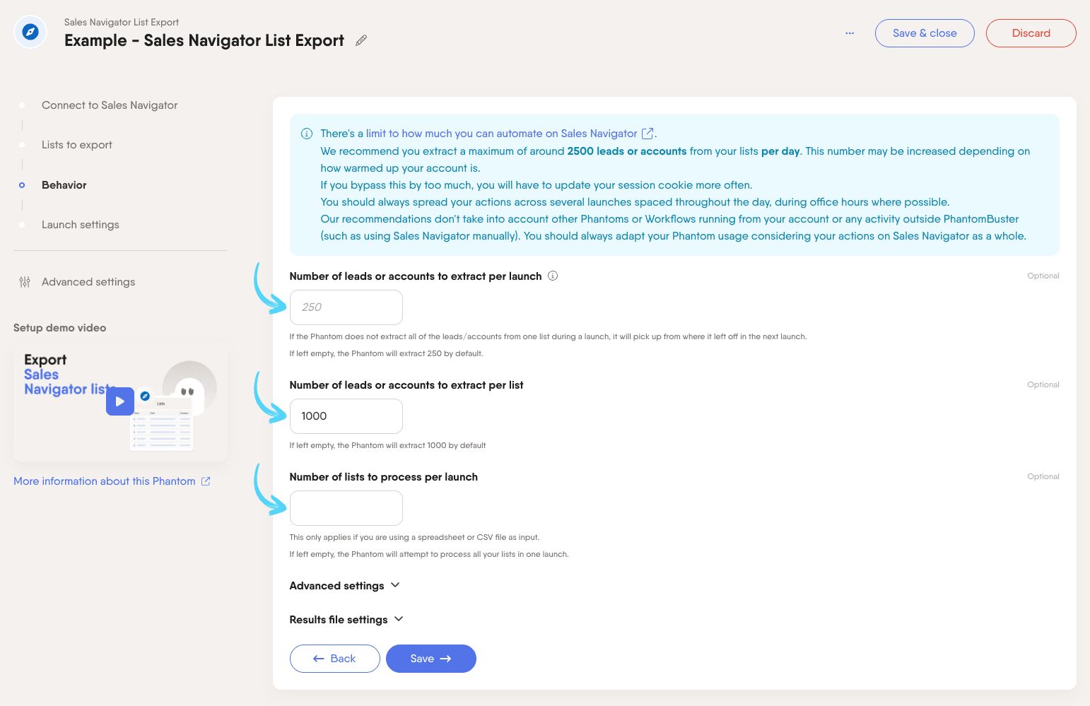 PhantomBuster Sales Navigator List Export step 3 specifying how many results to extract