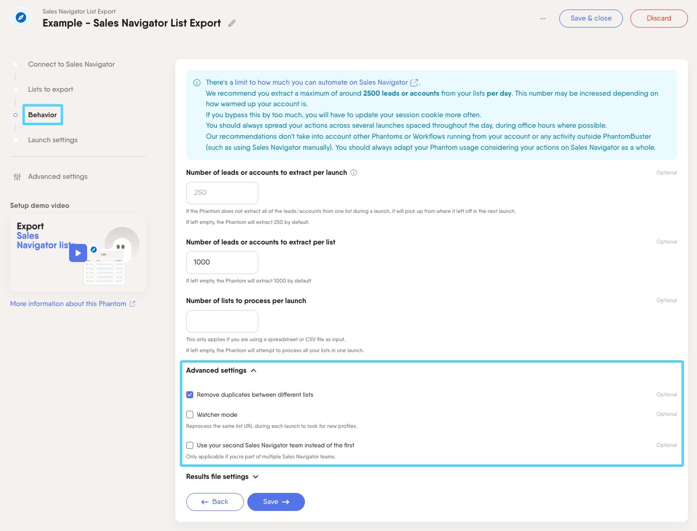PhantomBuster Sales Navigator List Export step 3 advanced settings including deduplication and watcher mode