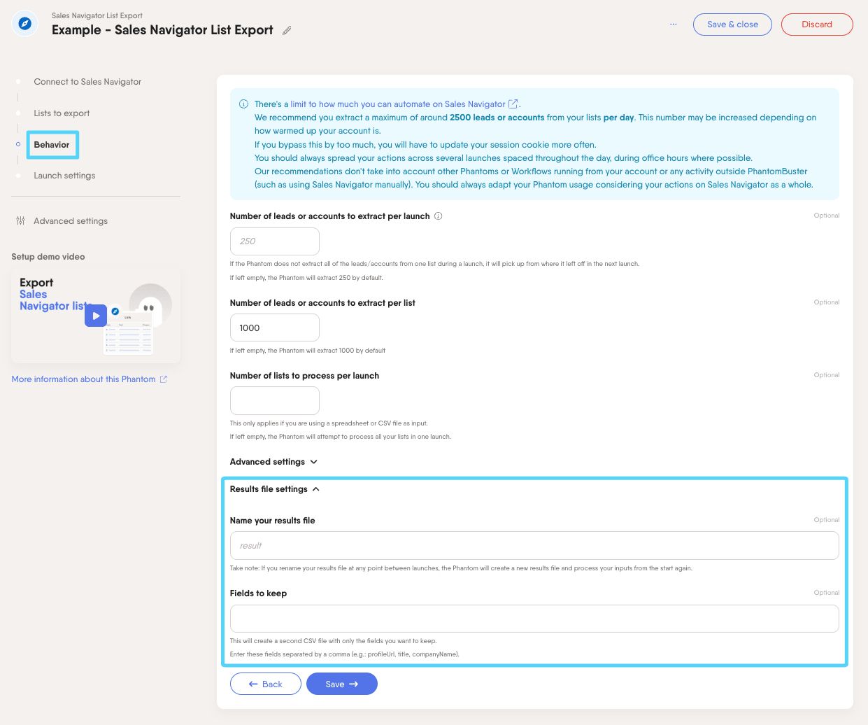 PhantomBuster Sales Navigator List Export step 3 result file settings dropdown