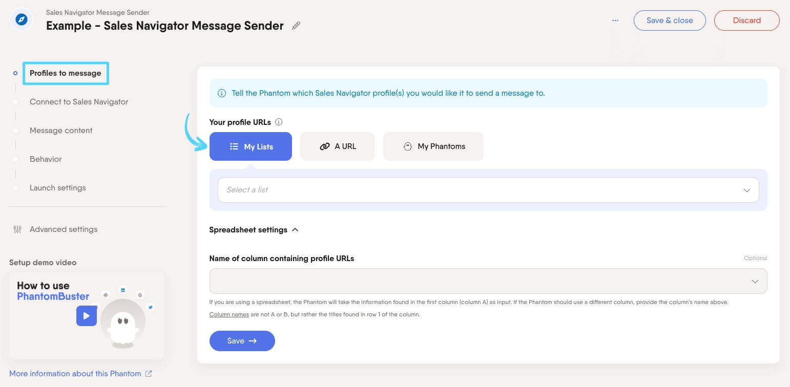 PhantomBuster Sales Navigator Message Sender step 1 choosing which Sales Navigator profiles to message
