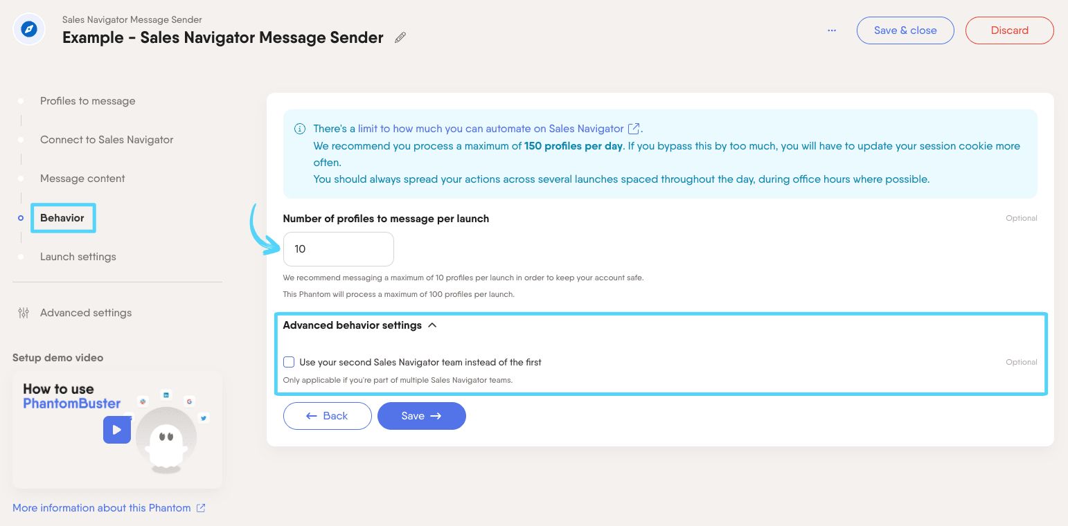 PhantomBuster Sales Navigator Message Sender step 4 configuring how many profiles to message per launch
