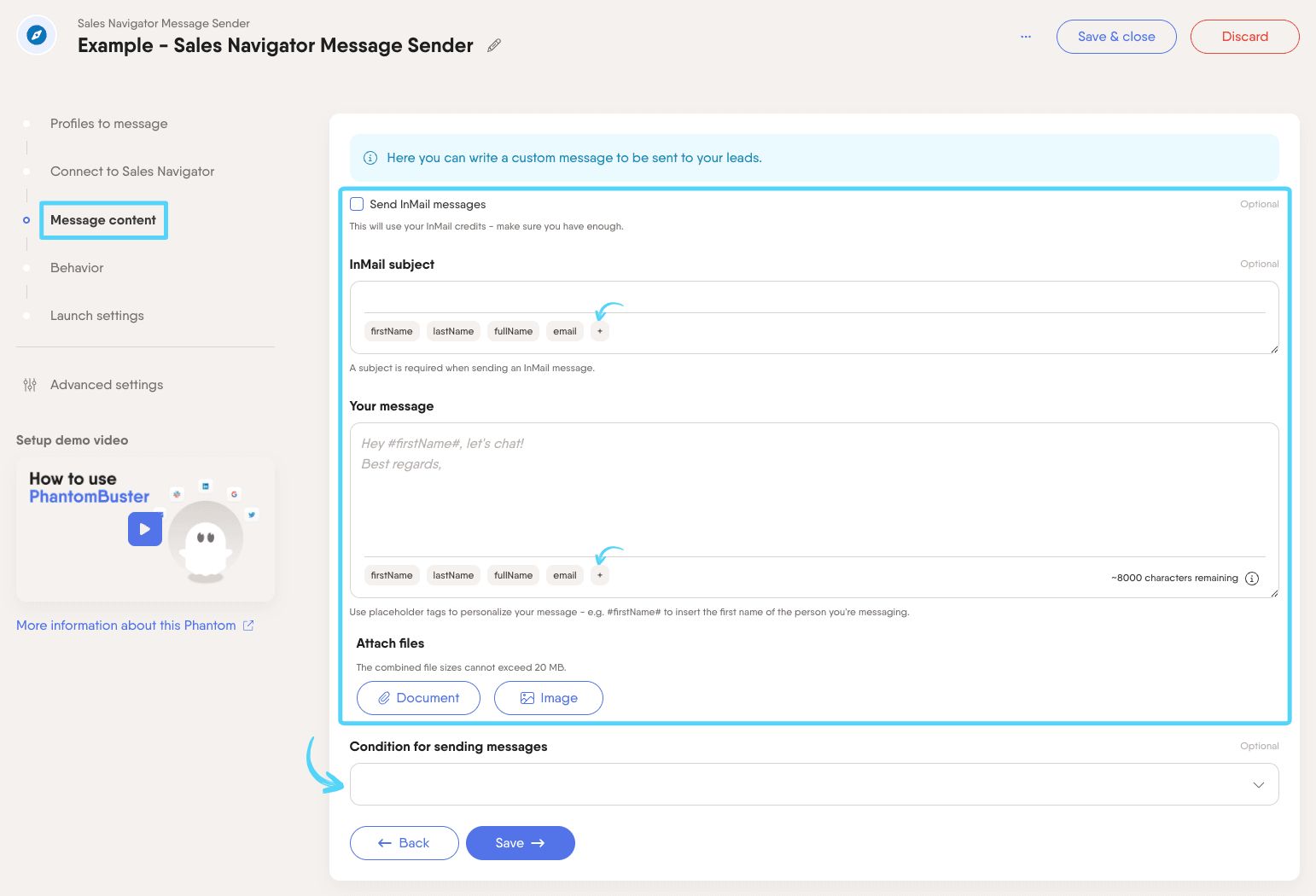 PhantomBuster Sales Navigator Message Sender step 3 writing and customizing your message and InMail options